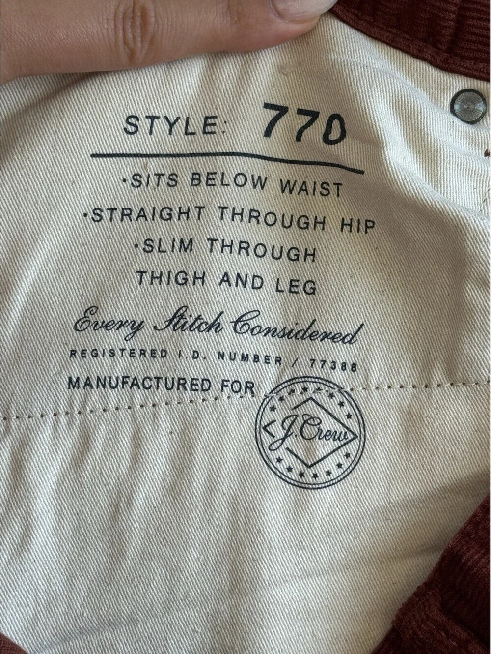J.Crew 770 Straight Fit Corduroy Pants Rust Brown 34x32 100% Cotton